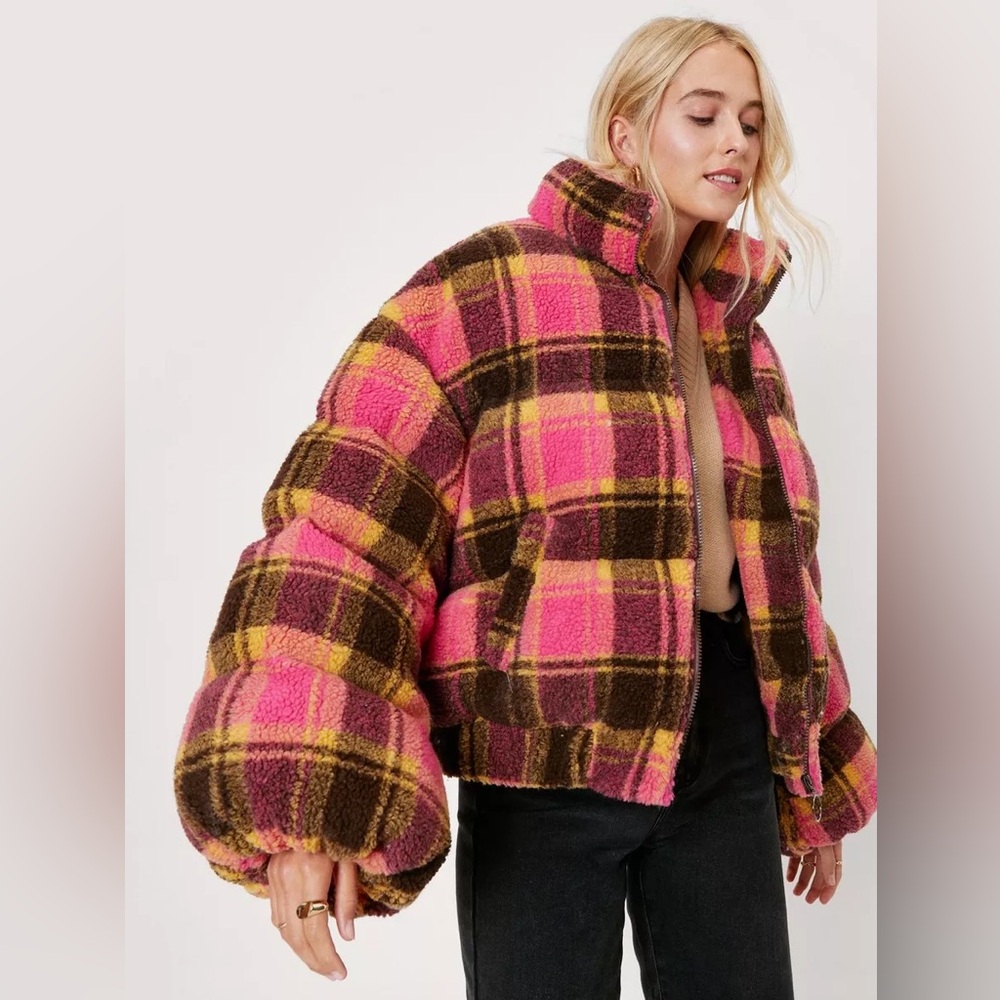 Nasty Gal Checked Teddy Padded Jacket
